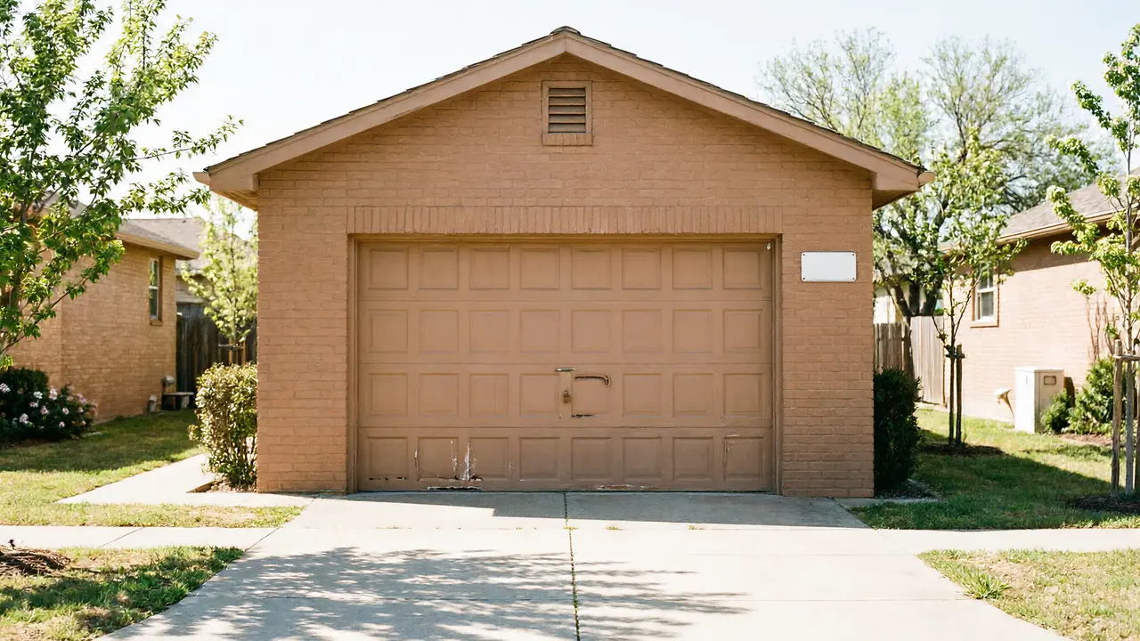 A brown garage door with peeling paint is on a brick house.