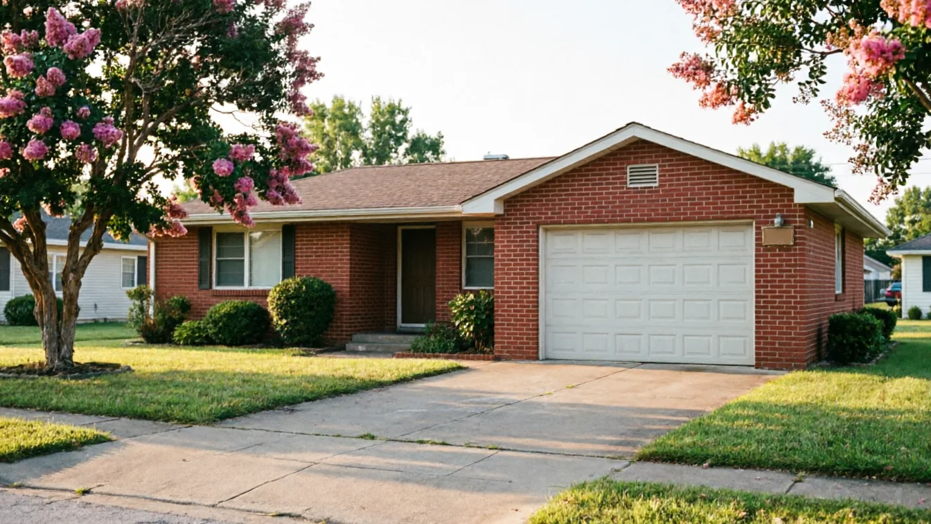 The house has a white garage door, red brick, and a green lawn with flowering trees.