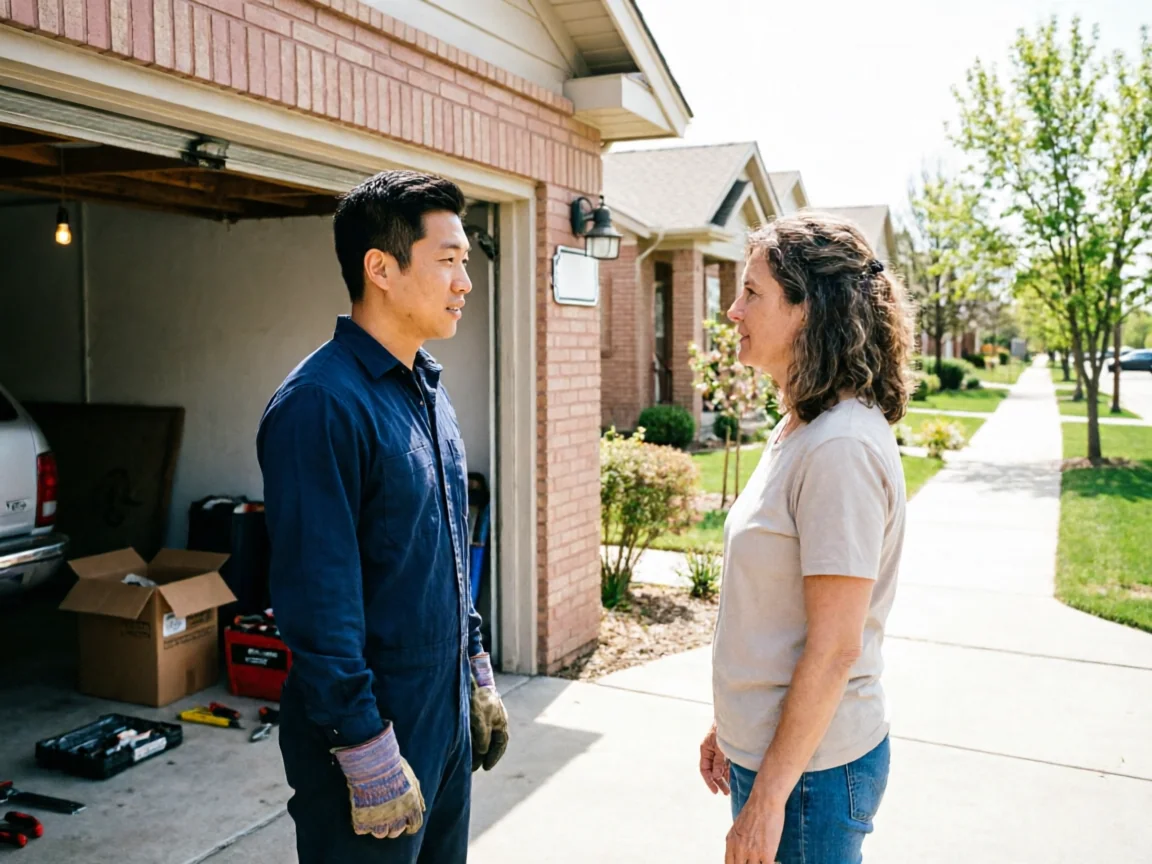 A technician in a blue jumpsuit talks to a woman in a driveway.
