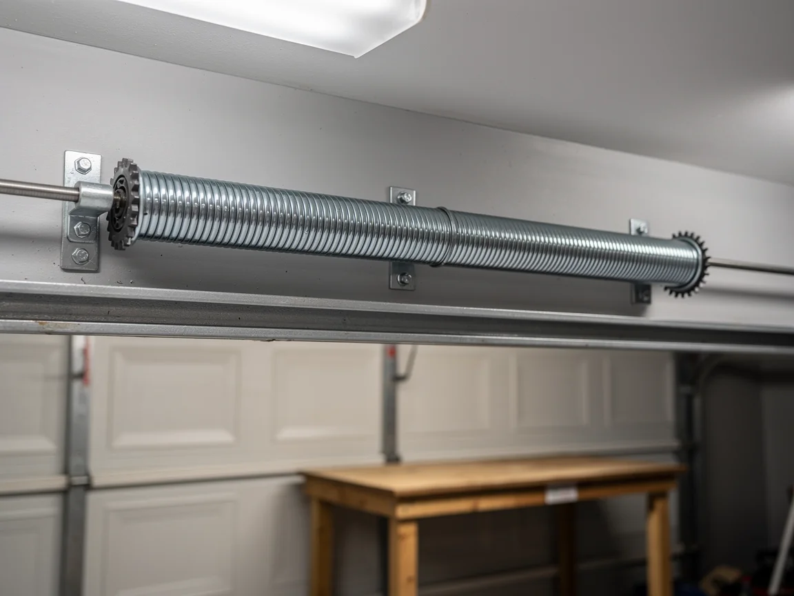 A new torsion spring is installed above a white garage door.