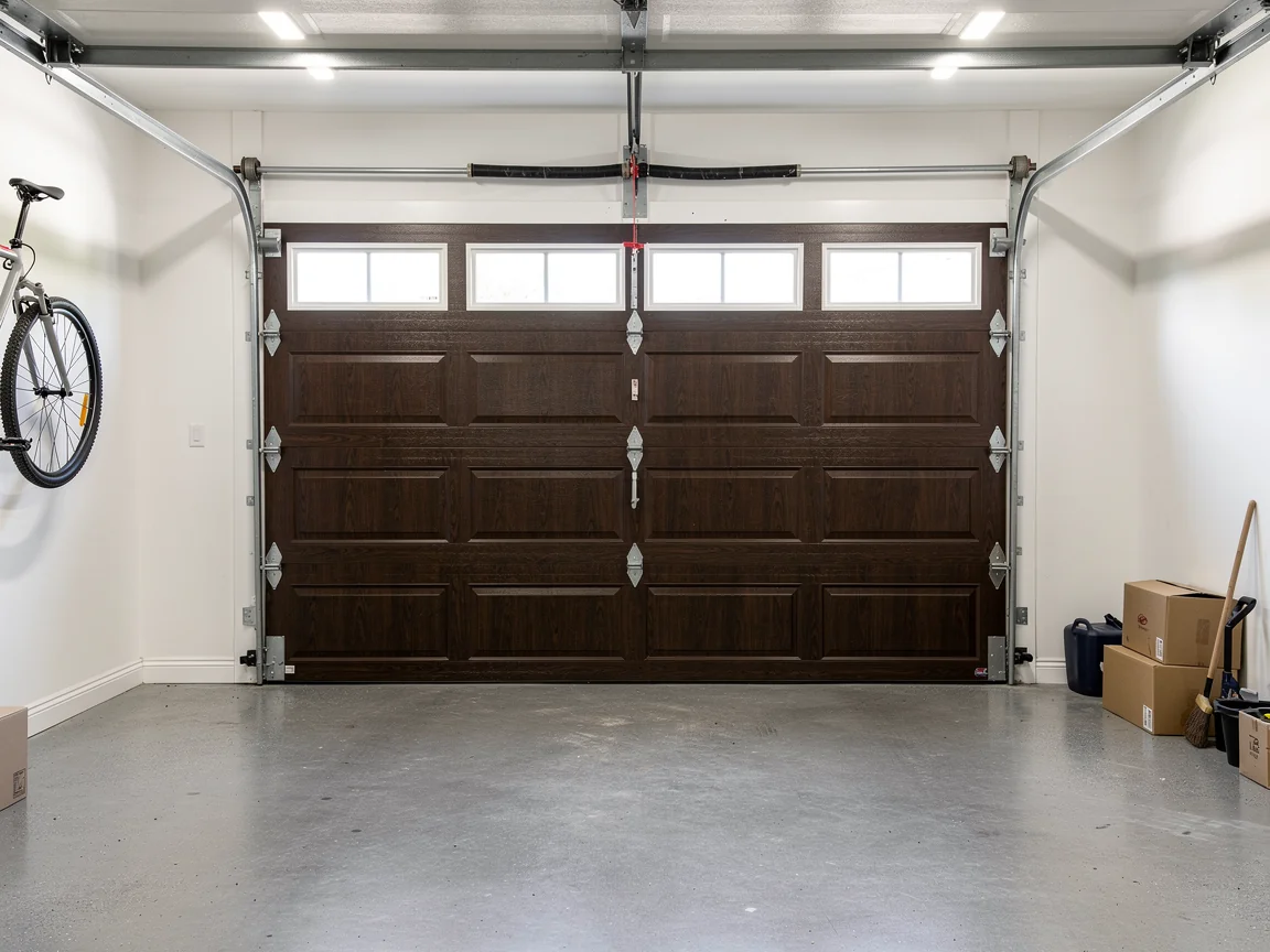 A closed brown garage door with windows is inside a white garage.