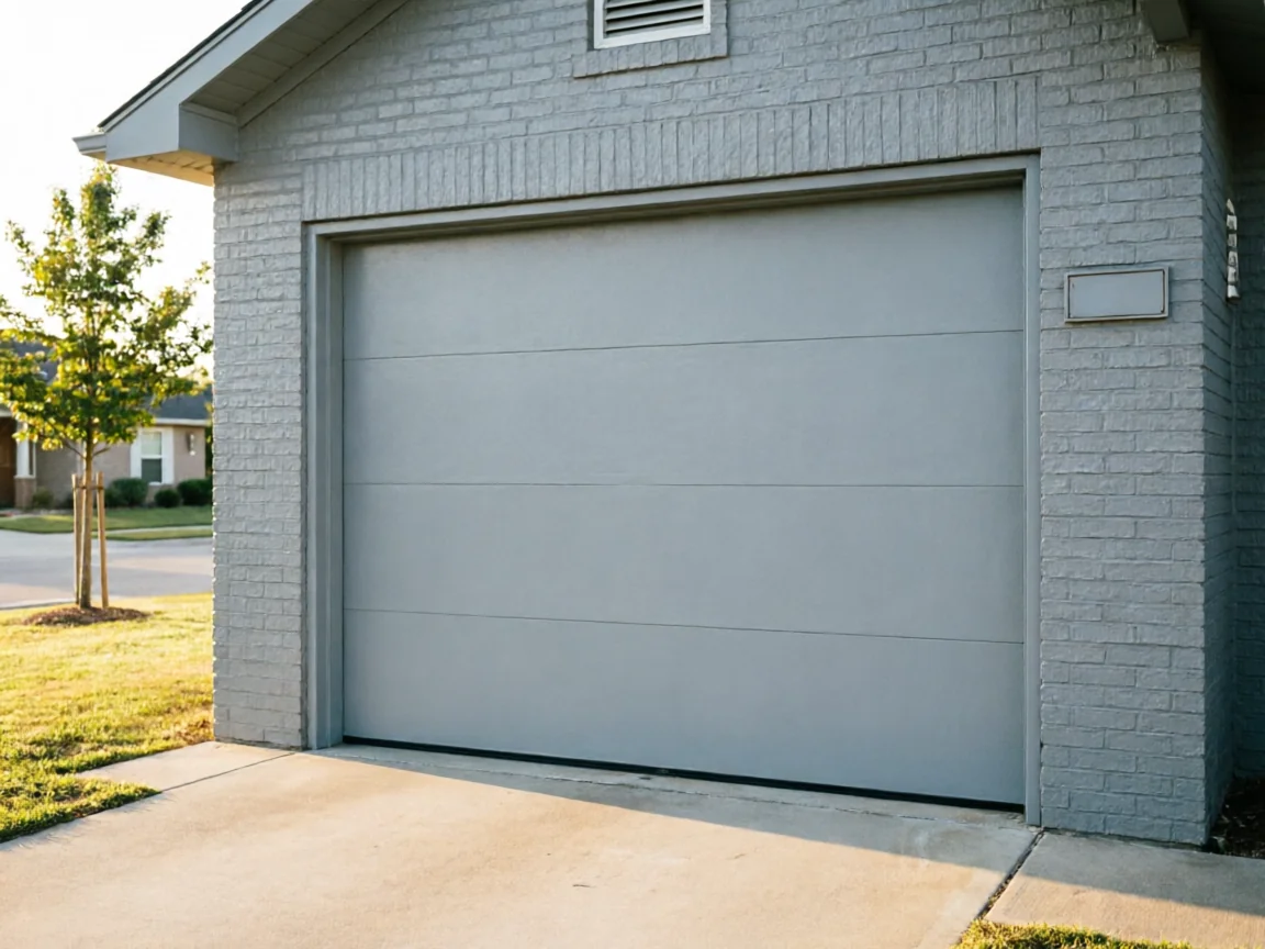 A gray garage door is closed on a gray brick house with a small tree.