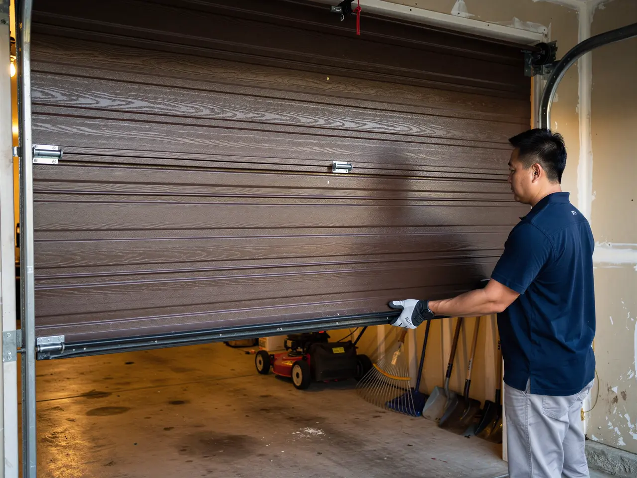 A technician in a blue shirt and gloves adjusts a brown garage door.