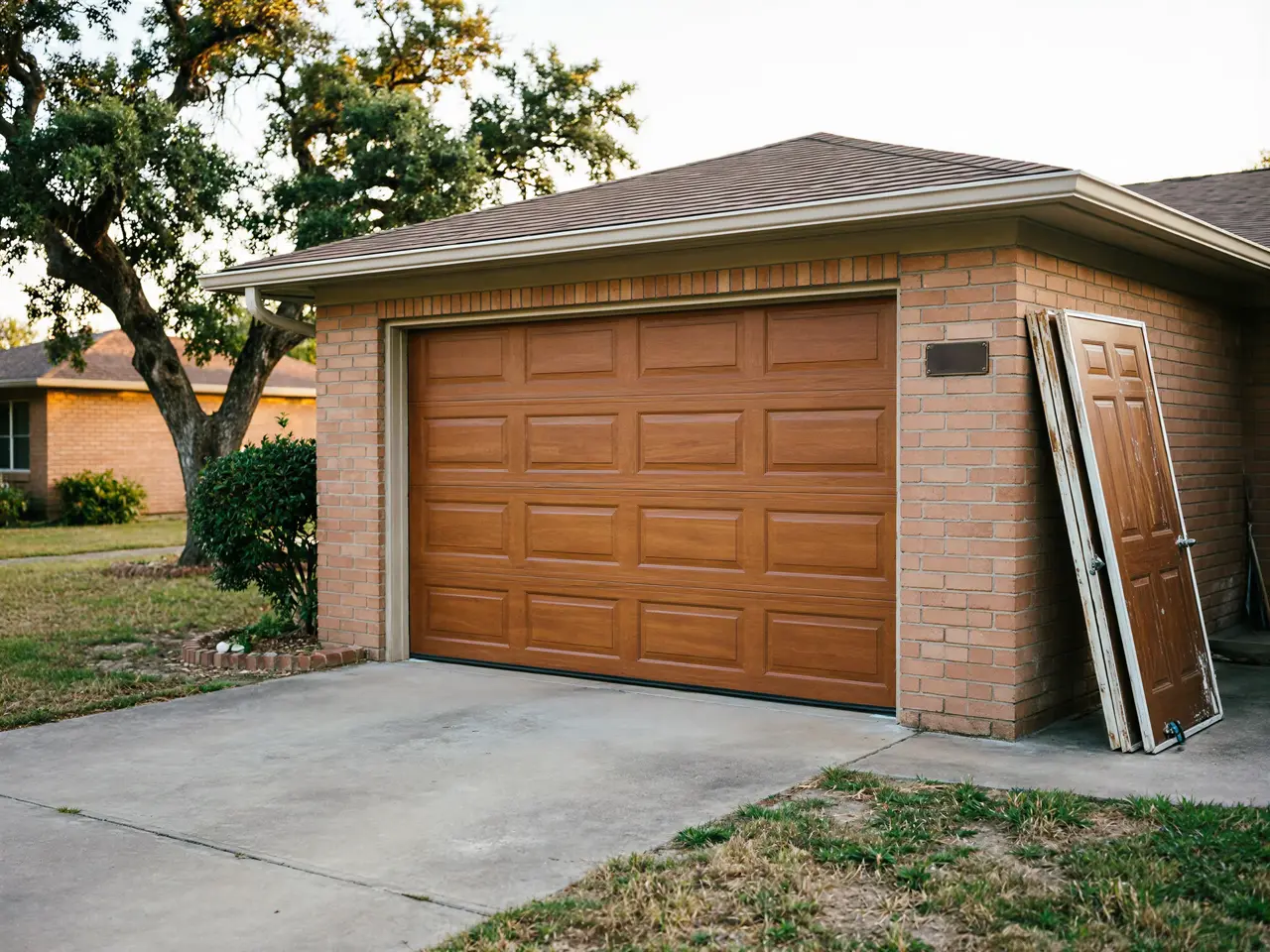 A brown garage door is on a brick house with two old doors leaning against it.