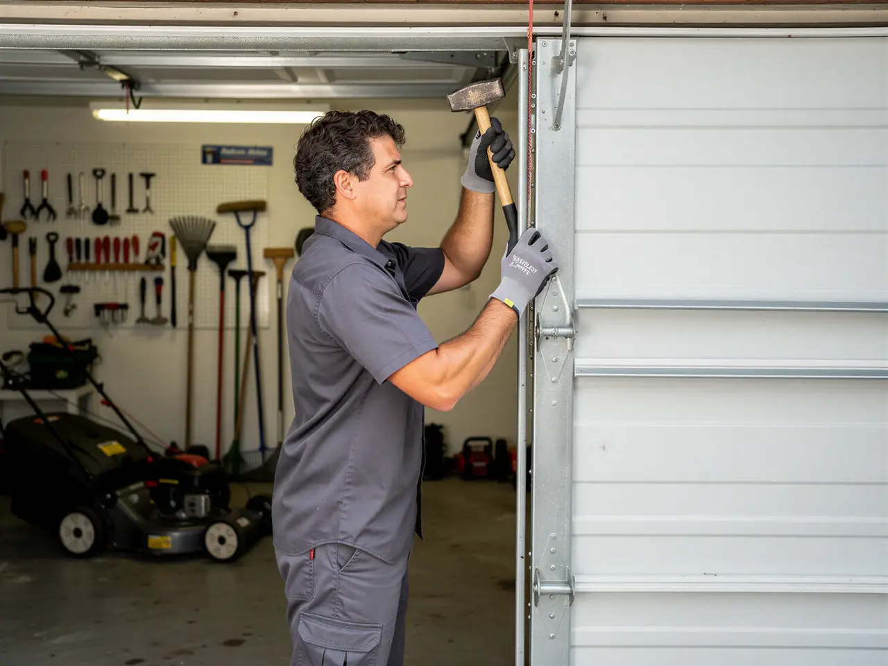 A technician in gray gloves uses a hammer on a white garage door.